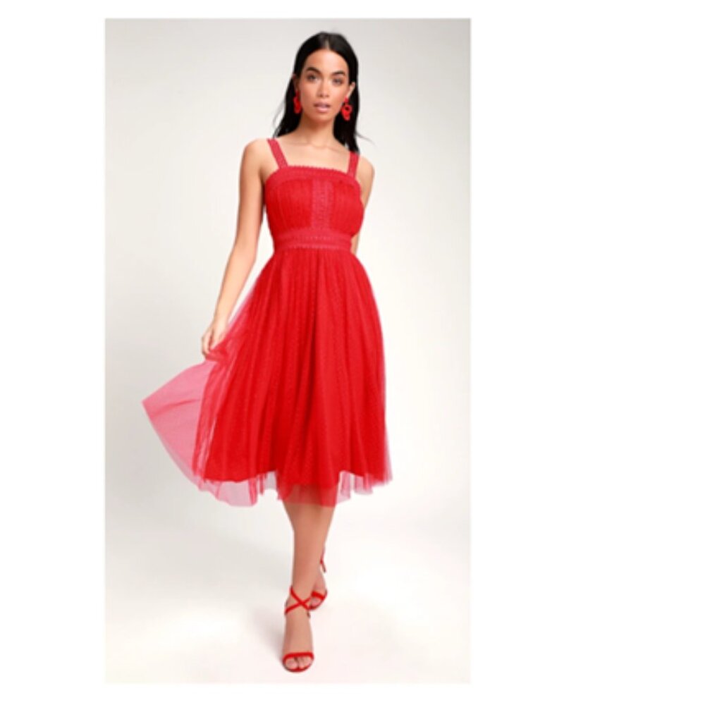 LuLu's Mesh Midi Dress Swiss Dot Lace Crochet Chiffon Overlay